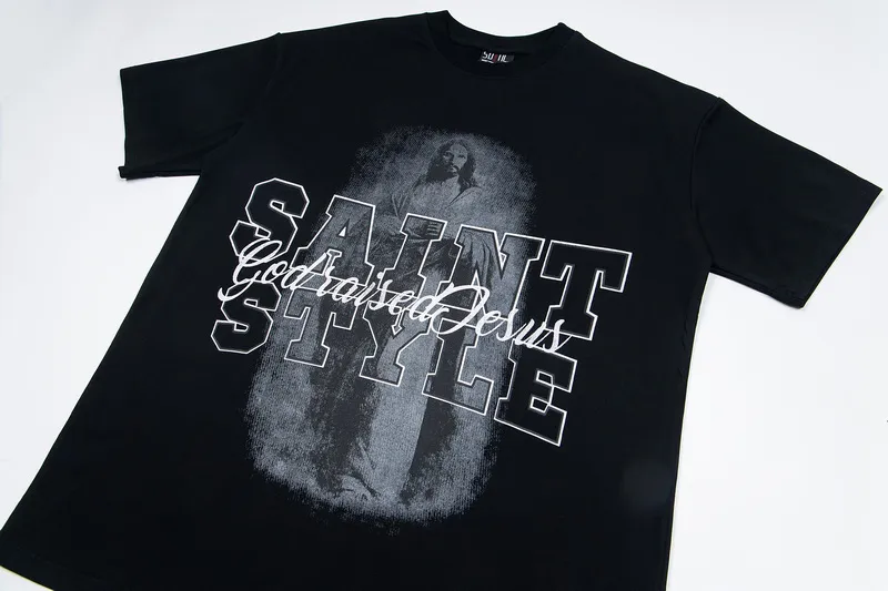 100💰 S07# Mechao SAINT white ink direct-injection pure cotton 260g loose short-sleeved T-shirt 27 black, green S-XL